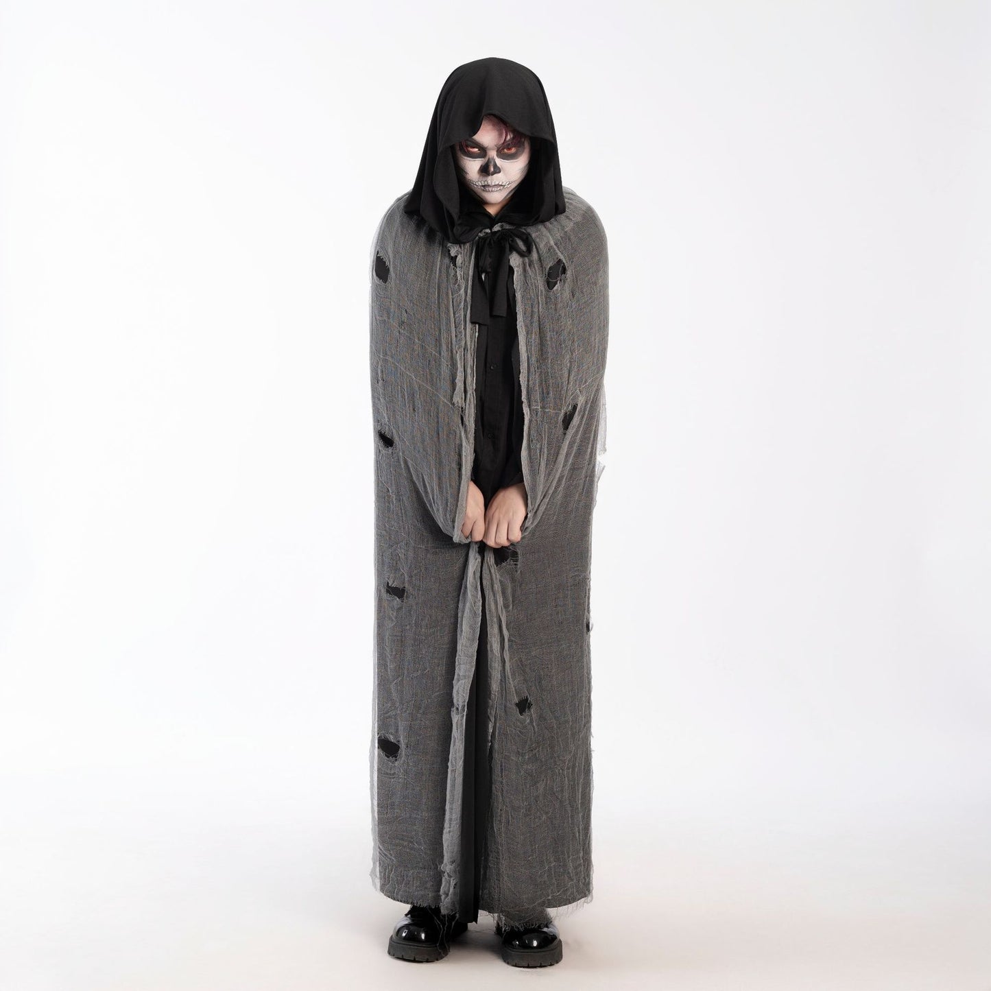 Halloween Witch Cloak Skull Clothes Mask Script Kill Ghosthouse Chamber Dress up Zombie Costume, Black Hooded Skull Mask with Glowing Eyes, Long Flowing Cape & Chains