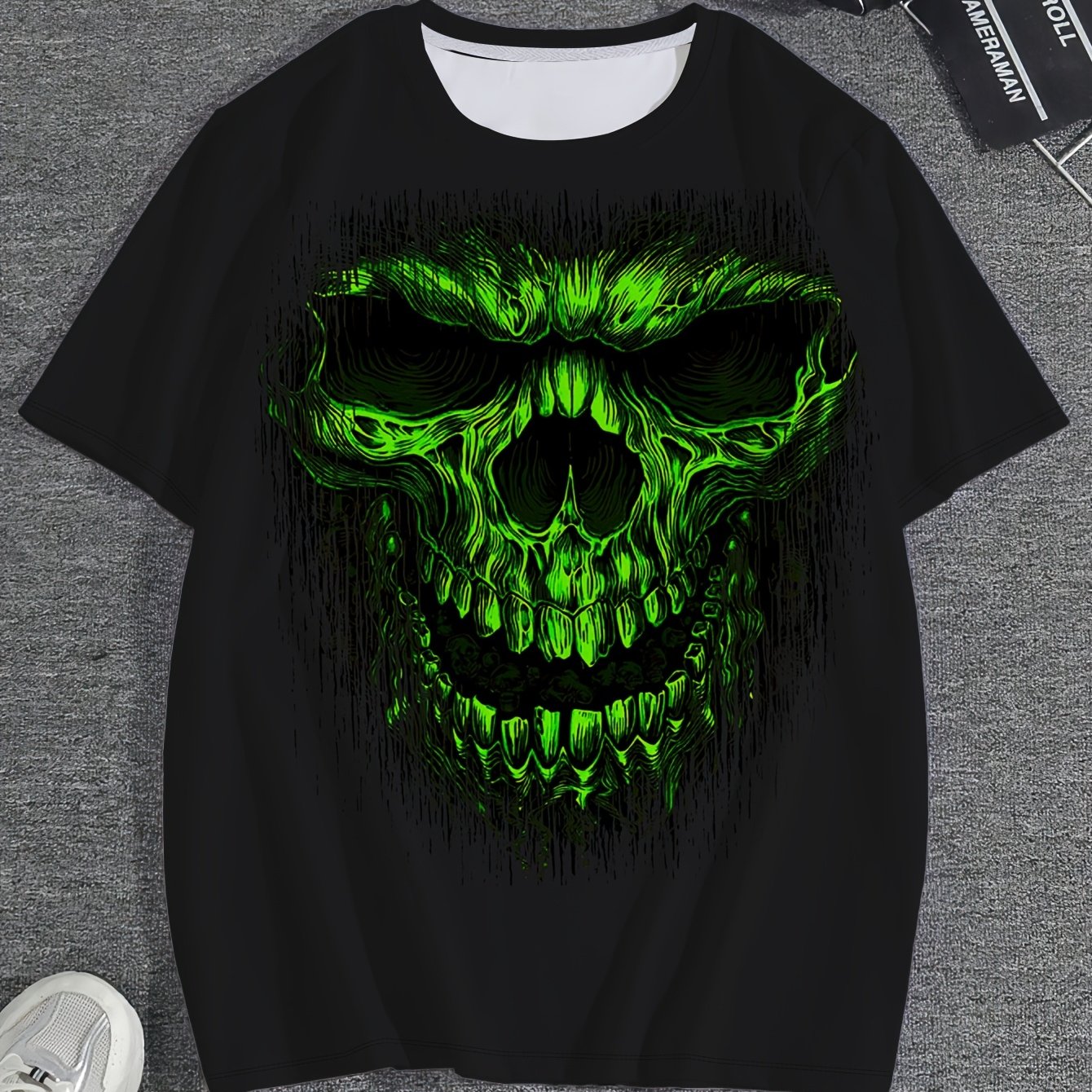 Men's Graphic T-Shirt - Bold Neon Green Skull Print Tee, Heavy-Duty 100% Polyester Shirt for Everyday & Halloween Outfits, Machine Washable Big & Tall Sizes Available - Edgy Streetwear Essential, Casual Wear, Round Neckline T