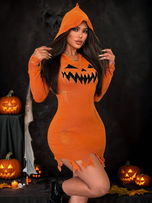 Women's Solid Color Hooded Halloween Dress - Distressed Pumpkin Face Design, Bodycon X-Silhouette, Machine Washable, Vibrant Orange for Halloween Parties & Casual Wear, Halloween Costumes, Festive Attire, Festive Design, Easy