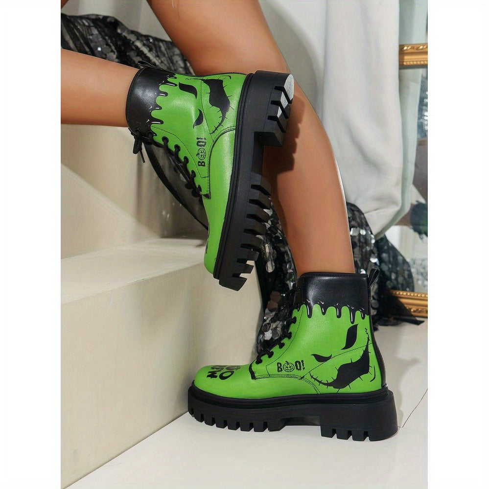 Trendy Plus Size Women's Halloween Print Lace-Up Boots - Thick Low Heel Round Toe PU Cover Short Boots with Rubber Sole, All-Season Comfort for Casual & Festive Occasions
