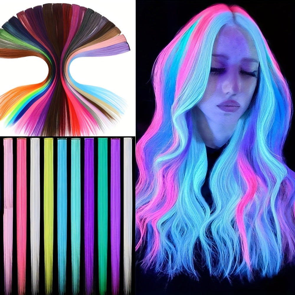 10pcs Glowing Clip-In Synthetic Hair Extensions 20-Inch Colorful Neon Glow-in-the-Dark Wigs, Easy-to-Wear Clip Design, Smooth Soft Texture, Women'S Daily Fashion Accessory for Halloween New Year Parties