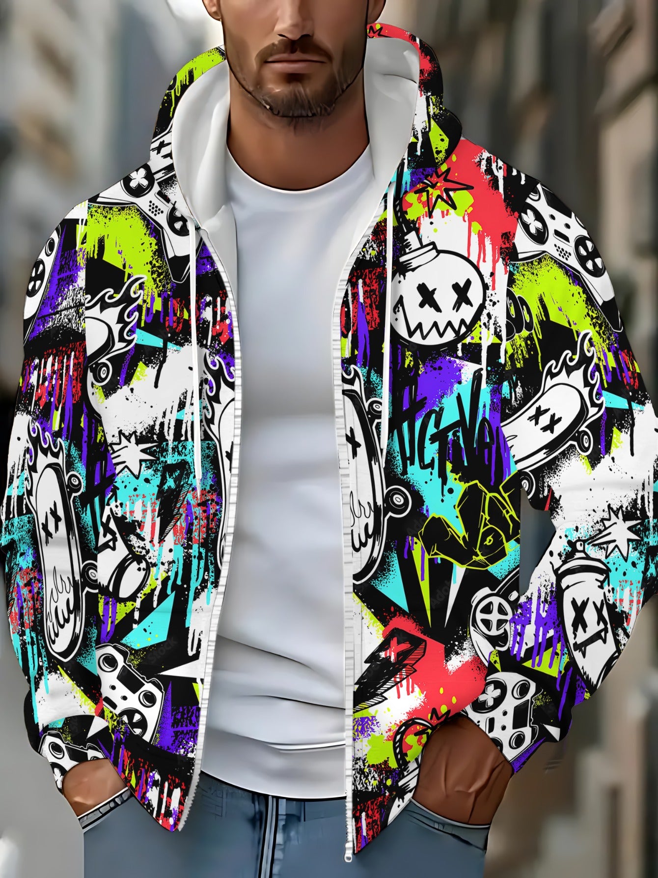 Men's Full-Zip Hoodie - Lightweight Graffiti Jacket with Neon Street Art, Game Controller Graphic Pockets - Zippered Hooded Sweatshirt for Urban Streetwear, Gaming & Casual Outfits - Machine Washable Polyester Outerwear, Dura