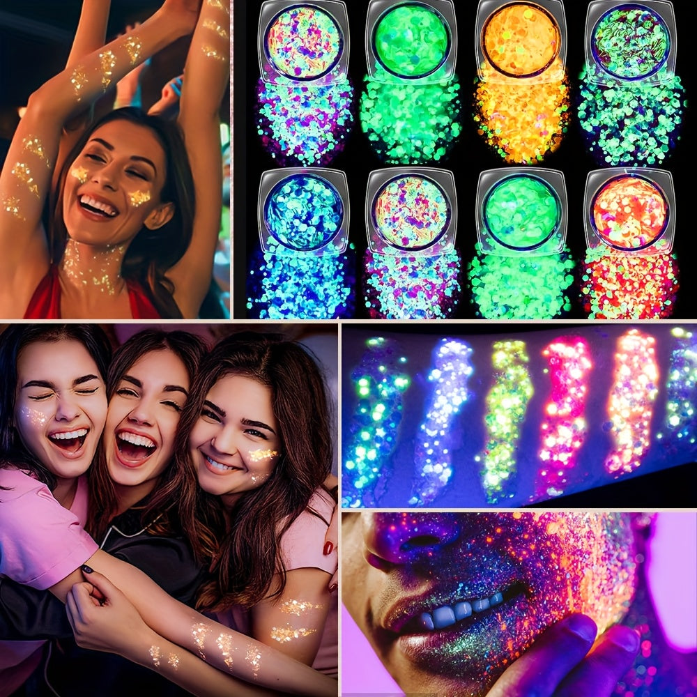 8 Colors Glow-in-the-Dark UV Gel Glitter - Quick Dry, Self-Adhesive Neon Face & Body Paint for St. Patrick's Day, Mardi Gras, Halloween, Raves & Festivals, Vibrant Blacklight Party Makeup Accessories, Festive Face Paint | Glo