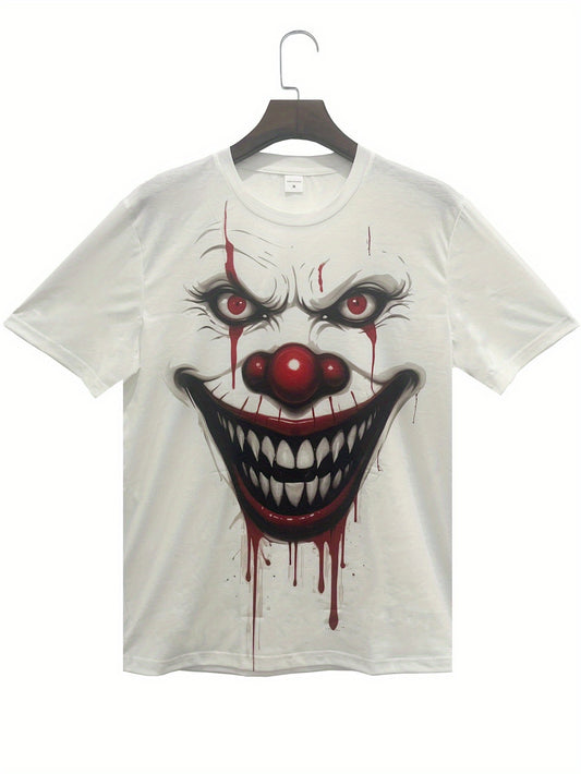 Men's Halloween Clown Horror Face T-Shirt - Scary Red Eyes & Bloody Effect, Lightweight Stretchy Polyester Knit Fabric Costume Party Shirt for Halloween Parties, Casual Attire - Machine Washable Spooky Clown Graphic Tee, Them