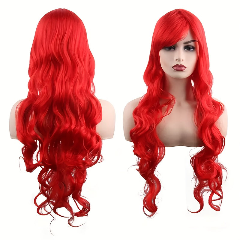 Luxurious Purple Long Wavy Halloween Wig for Women - Heat Resistant Synthetic Hair with Bangs, Adjustable Cap, Perfect for All Ethnicities