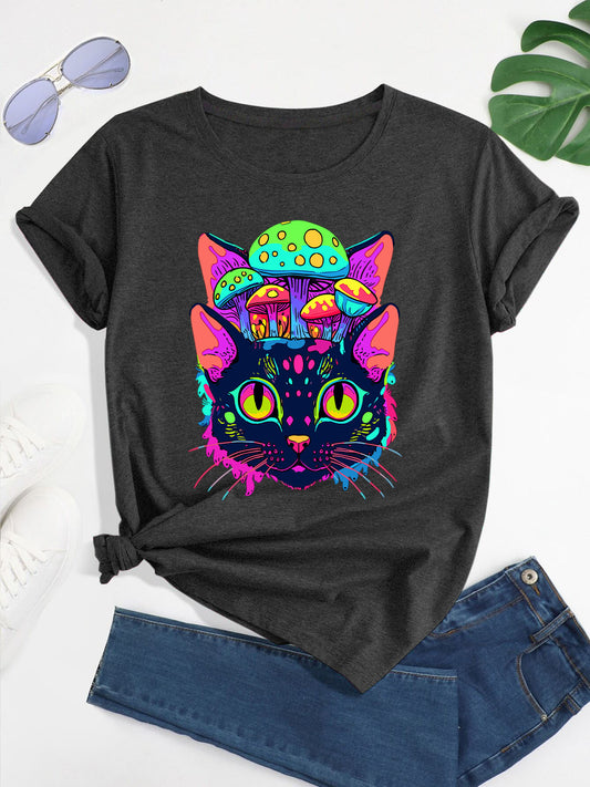 Women's Psychedelic EDM Rave T-Shirt - Black Trippy Cat & Mushroom Graphic Tee, Neon Colors Crew Neck Top for Festival Outfits, Casual Party Clothing - Machine Washable Summer Apparel, Festival Attire, Whimsical Clothing, Sho