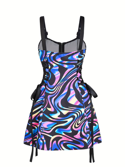 Women's Sleeveless Rainbow Striped Polyester Dress with Adjustable Straps and Front Zipper Closure - Casual Chic Design for All Seasons, Cute Dresses