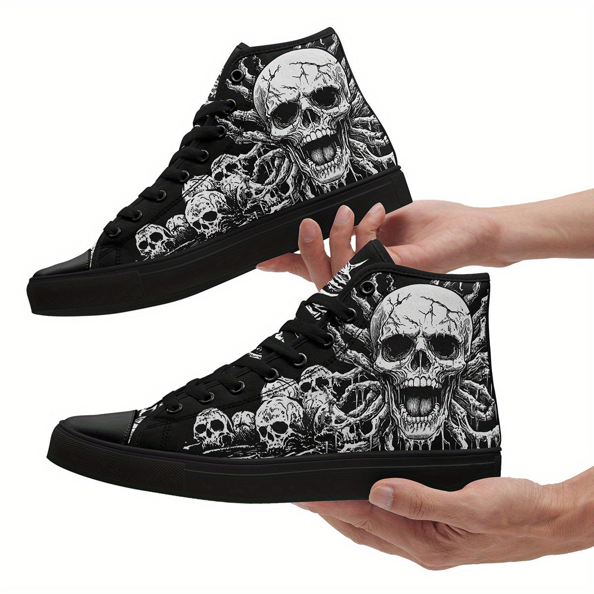 Men'S Plus Size Gothic Punk High-Top Sneakers with Skull Print, Black Casual Shoes for Streetwear & Everyday Comfort, Lace-Up Round Toe Design, Rubber Sole, Fabric Upper, Perfect for Parties, Concerts & Daily Wear, Everyday C