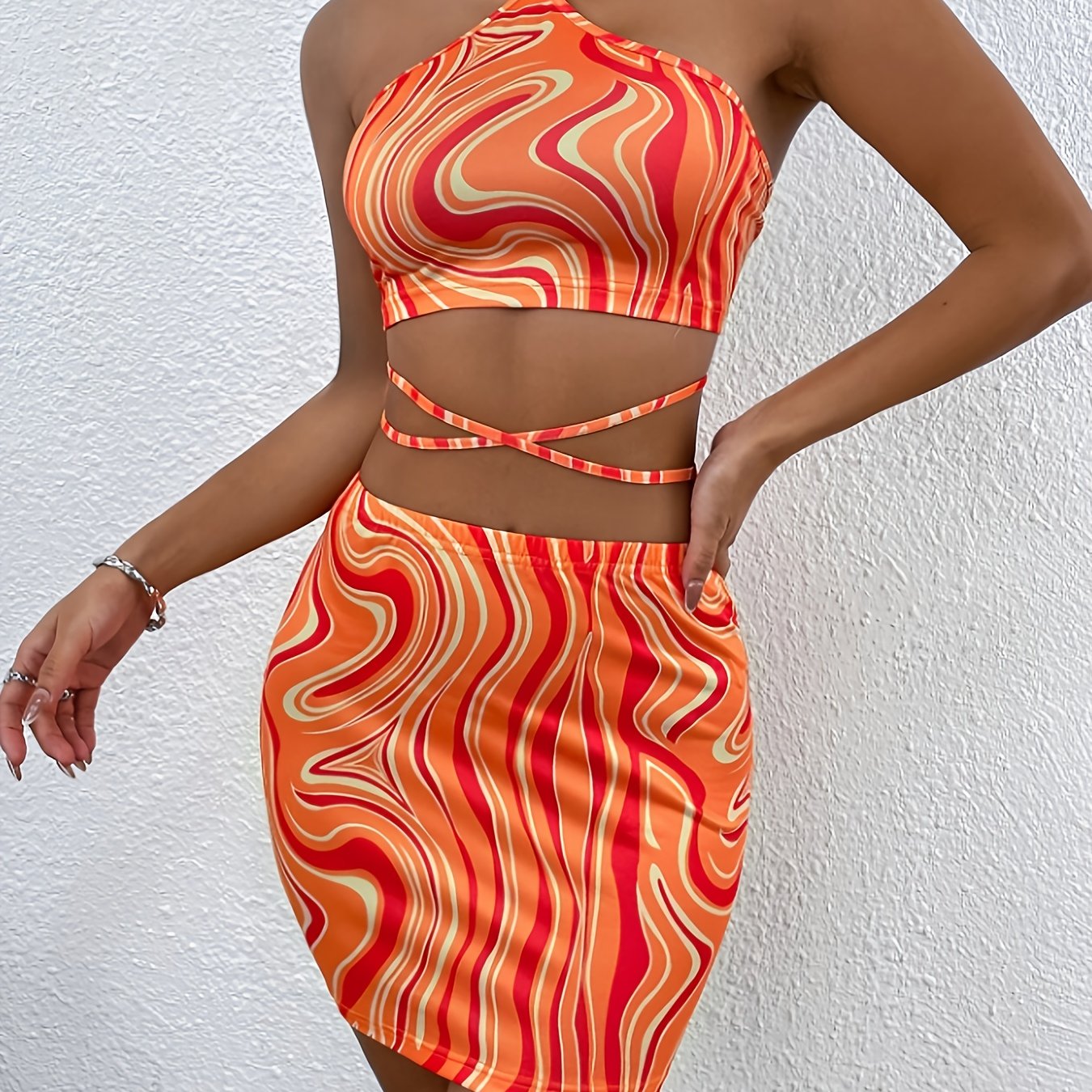 Marble Print Cross Strap Sexy Elegant Strapless Top and Bodycon Skirt