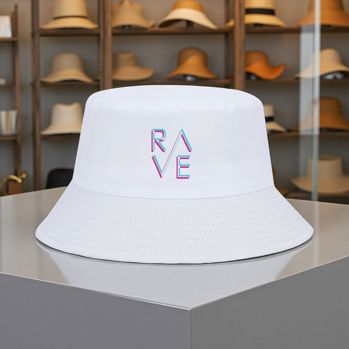 Rave Classic Unisex Bucket Hat - Breathable Polyester, Adjustable Fit, Neon "RAVE" Print, Casual Streetwear for Sports, Dance & Outdoor Activities, Black with Pink & Blue Neon Design, Dance Accessory | Adjustable Fit Hat | Po