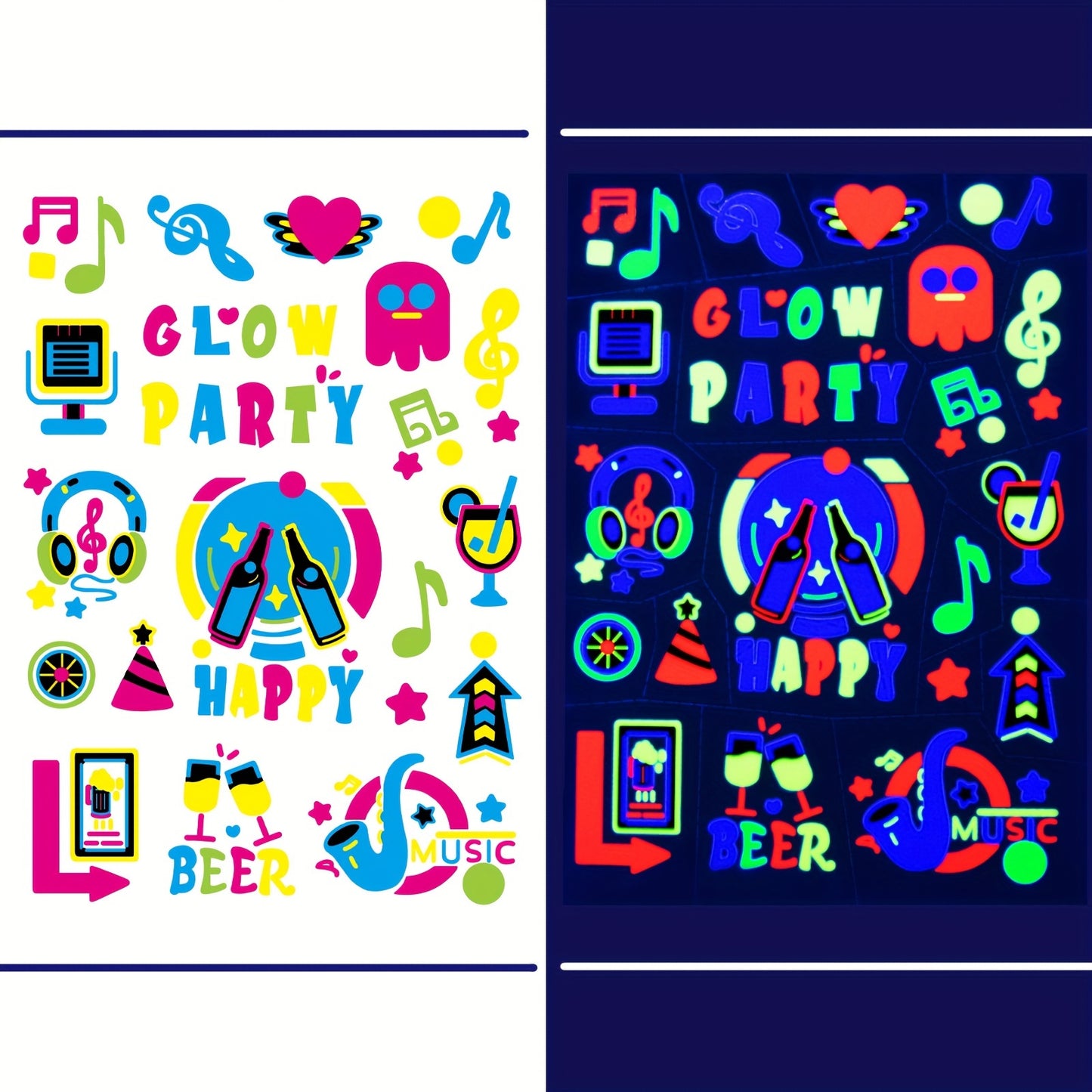 120pcs Glow in the Dark Neon Temporary Tattoos - Waterproof Fluorescence, Rock & Roll Disco Party Supplies for Women, Men, and Adults - Vibrant Fluorescent Tattoo Stickers for Makeup and Rave Events, Party Makeup | Vibrant Ta