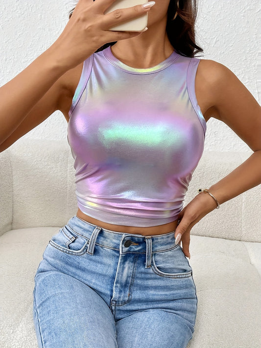 Women'S Fashion Metallic Holographic Crop Top, Polyester 97% Spandex 3% Knit Fabric, Crew Neck Sleeveless Pullover Vest for All Seasons