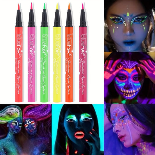 6-Color Fluorescent Eyeliner Set, Rainbow Neon Liquid Eyeliner, Smudge-Proof, Quick-Dry, Glow Neon Makeup Pens for Parties, Stage, Carnivals, Halloween, and Music Festivals