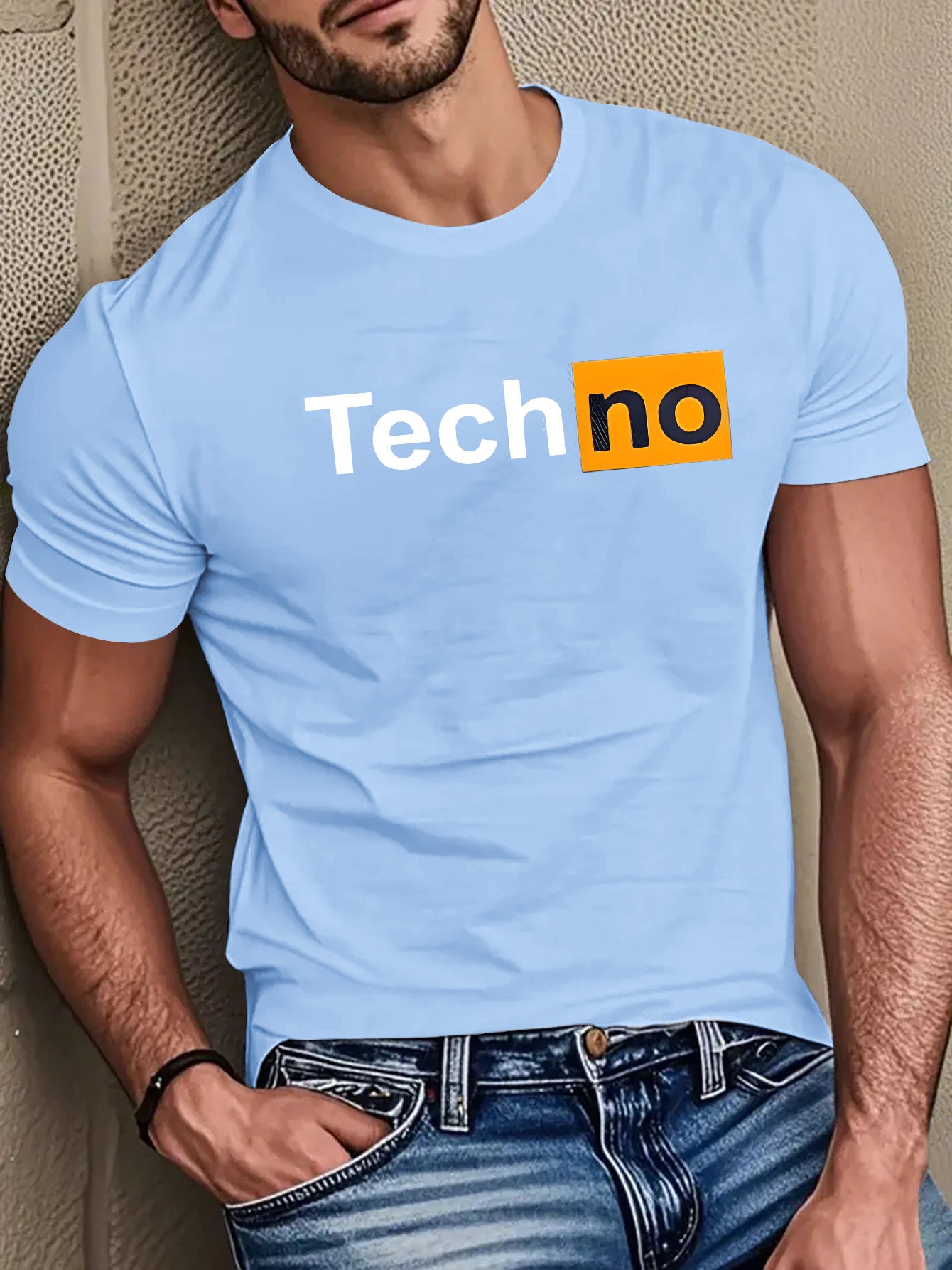 Men's Casual Summer T-Shirt - Soft Breathable Fabric with Bold "Techno" Letter Print & Orange Accent, Ribbed Collar, Regular Fit for Casual Attire, Summer T Shirts, Classic Round Neckline, Comfortable Tee Construction