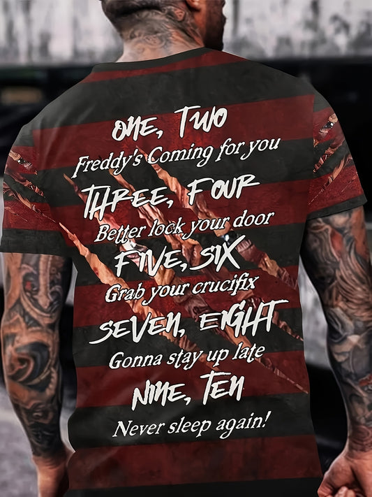 Men's Vintage Horror Movie trivia Freddy Krueger Reference T-Shirt - Nightmare on Elm Street Inspired Red & Black Retro Tee - Stretch Crew Neck Casual Shirt for Horror Fans - Machine Washable Plus Size Big & Tall Apparel, Hor