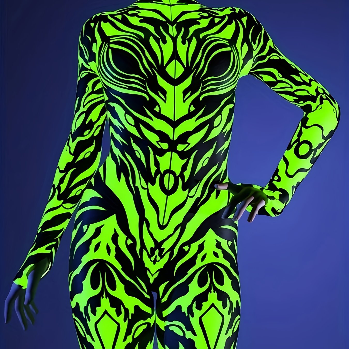 ENNMEI Women's Sexy Long Sleeve Bodycon Jumpsuit - Neon Green Geometric Print, Stretchy & Machine Washable, All-Season Party & Performance Outfit, Festive Attire, Sensual Apparel, Sleek Fit