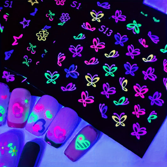 24 Sheets 3D Glow in The Dark Neon Nail Stickers Glittery Glossy Self-Adhesive Nail Art Stickers Butterfly Love Heart Flower Nail Art Decoration for Women Girl DIY Nail Art Deco