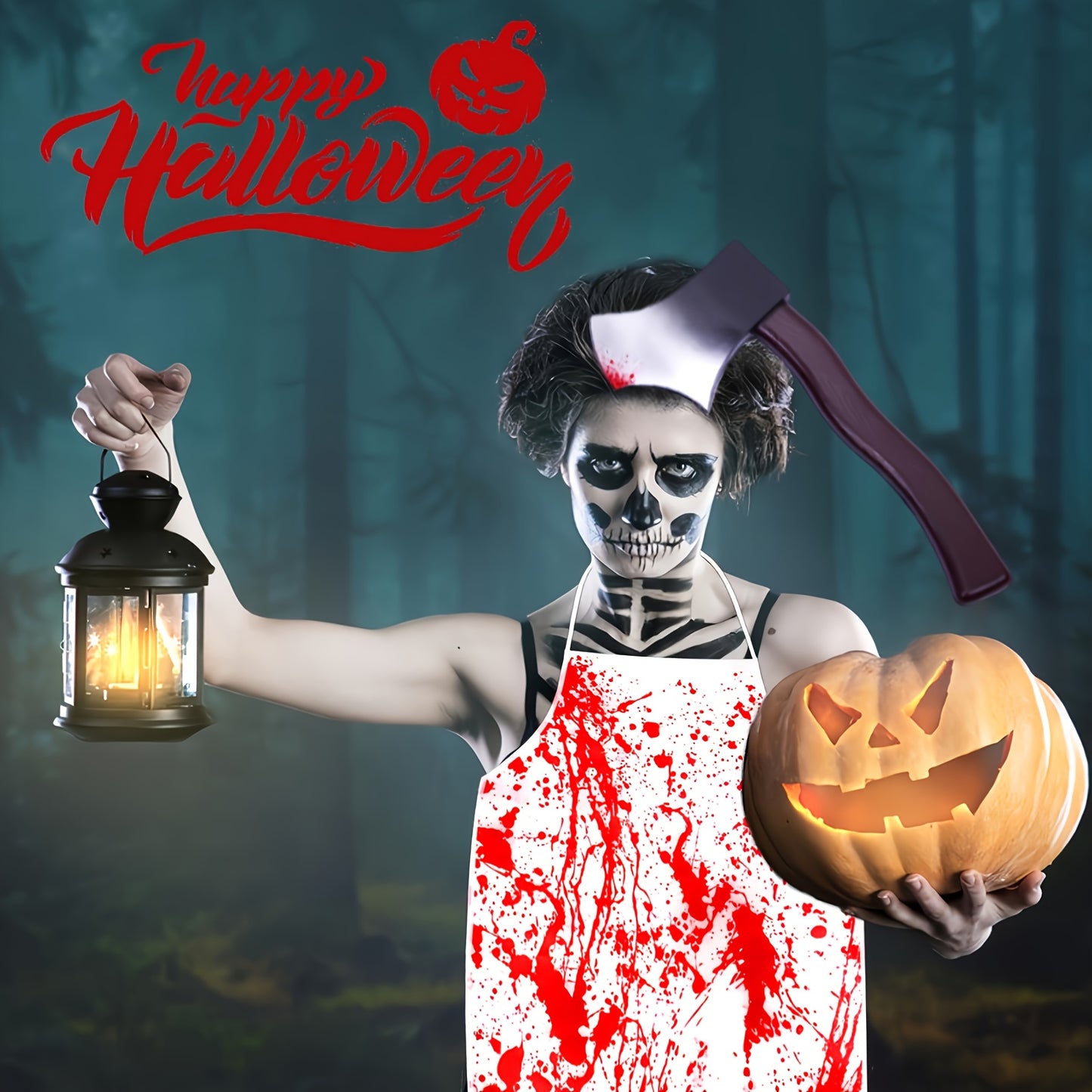 4pcs Bloody Butcher Costume Accessories Set for Men and Women, Including Axe Headband, Apron, Gloves, Fake Cleaver for Scary Party Fright Night and Halloween Party