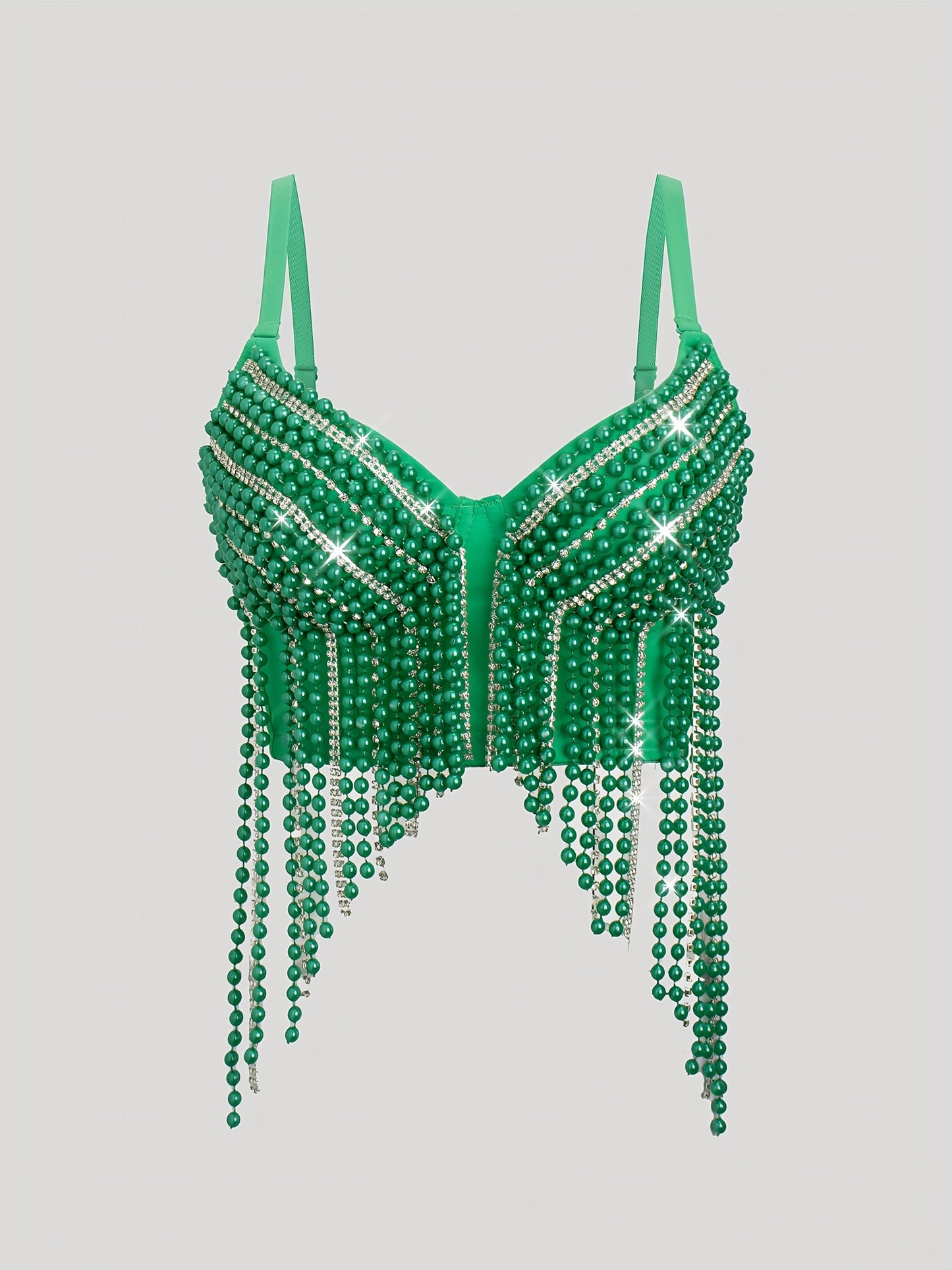 Sexy Fishbone Corset Top with Pearl Embellishments & Tassel Details - Vibrant Pink Stretchy Spaghetti Strap Bustier for Nightclub, Concert, Festival - Versatile All-Season Women's Fashion, Concert Attire, Elegant Style, Styli