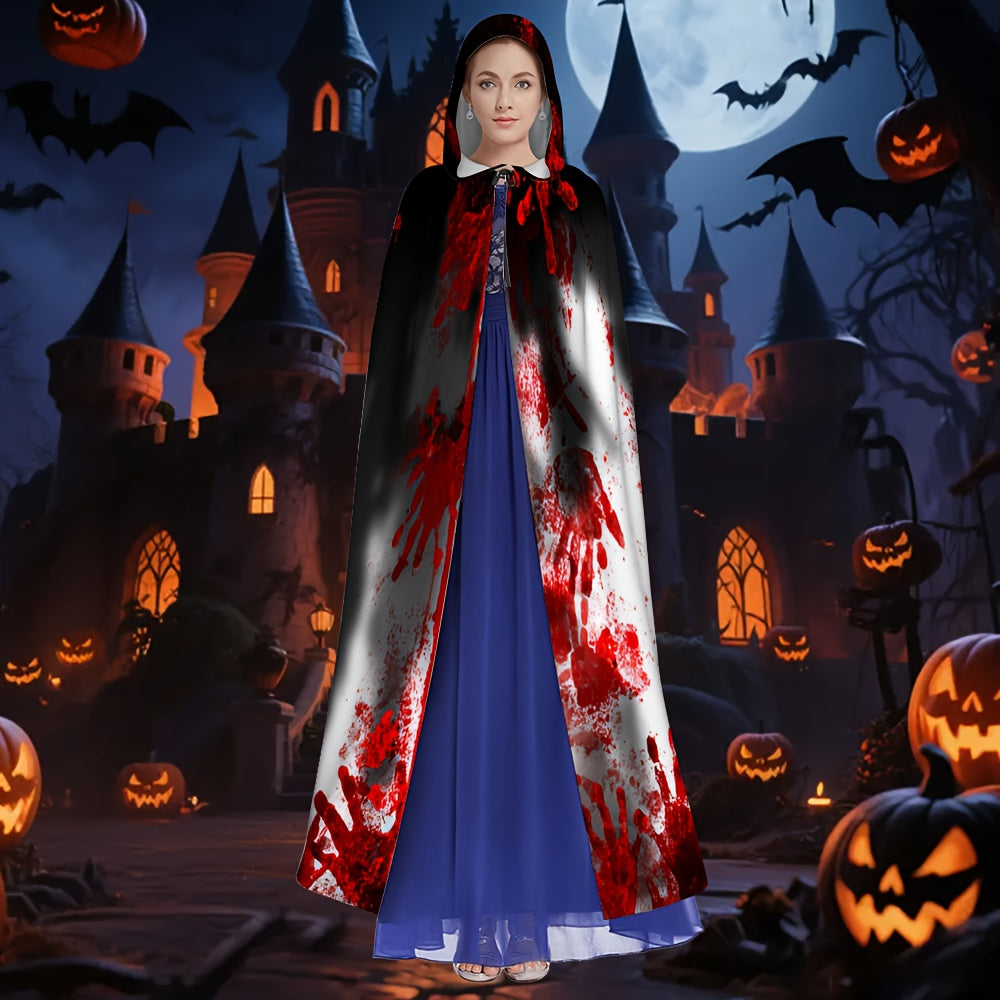 1pc Adult Horror Blood-Splatter Hooded Robe with Adjustable Tie - Realistic Fake Blood Drip Effect, Hand Wash Only, Red & Black Gothic Costume for Halloween, Themed Parties & Cosplay - Spooky Cloak with Handprint Design, Mult