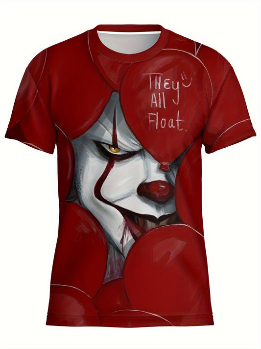Men'S Horror Clown Graphic T-Shirt - Bold Pennywise Inspired Design, Soft Breathable Polyester Knit Tee for Halloween, Circus Parties & Casual Attire - Plus Size Available (Red/Black Color Scheme) - Adult Men'S Clothing, Hall