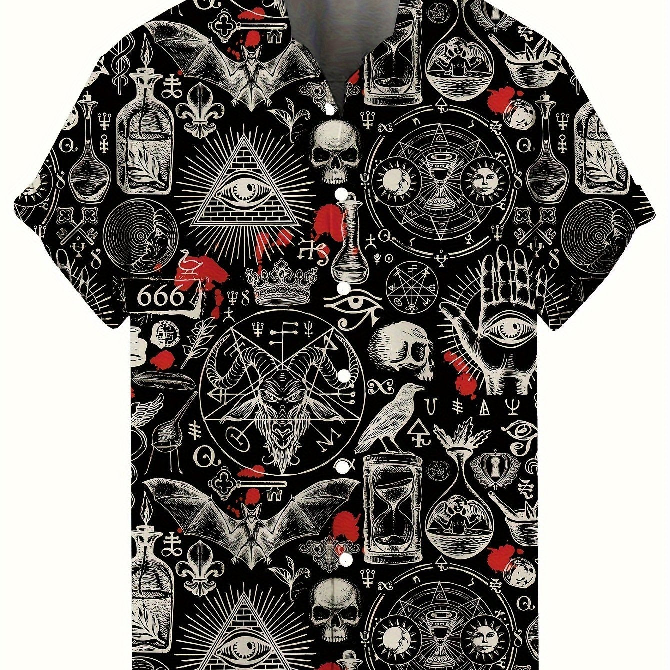 Men's Vintage Skull & Bat Print Short Sleeve Button-Up Shirt - Casual Polyester, Machine Washable - Perfect for Streetwear & Holidays, Novelty Fashion Top