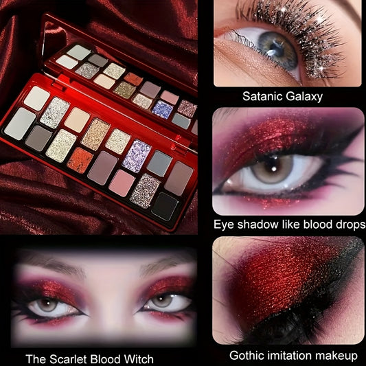 16-Color Gothic Scarlet Witch Makeup Eyeshadow Palette - Shimmering Pearlescent & Matte Finishes for Dramatic, Eye-Catching Looks with Vibrant Reds, Blues, and Metallic Shades, Perfect for Bold or Everyday Glam, Goth Makeup P