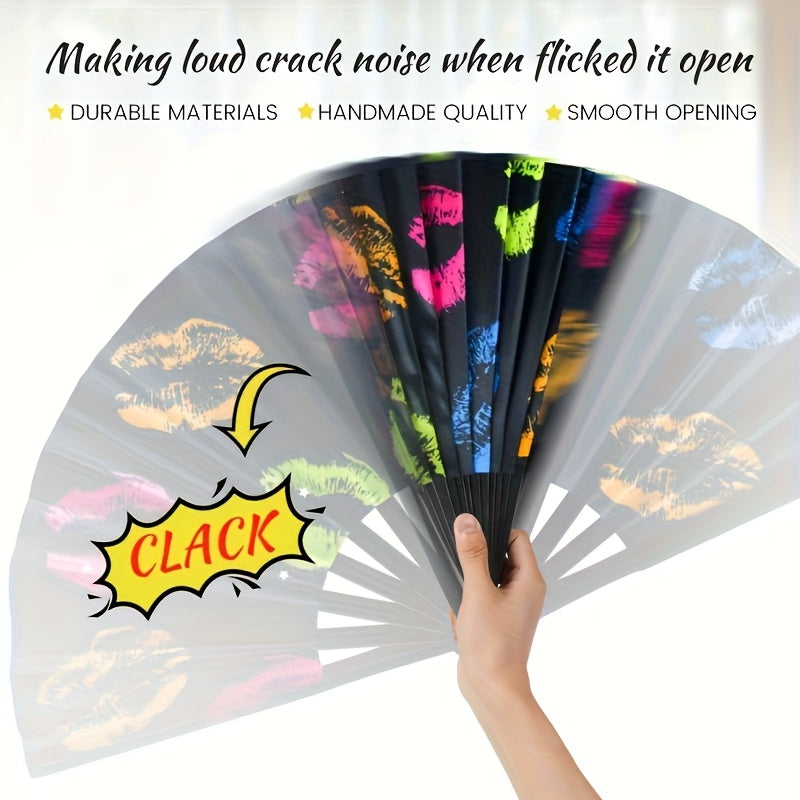 13 - Inch Reactive Bamboo Folding Fan with Vibrant Lip Print Design - Glow in The Dark Party Accessory for EDM, Dance Festivals, Club Events and Women'S Fashion, Nightlife Gear, Tropical Vibe Accessory