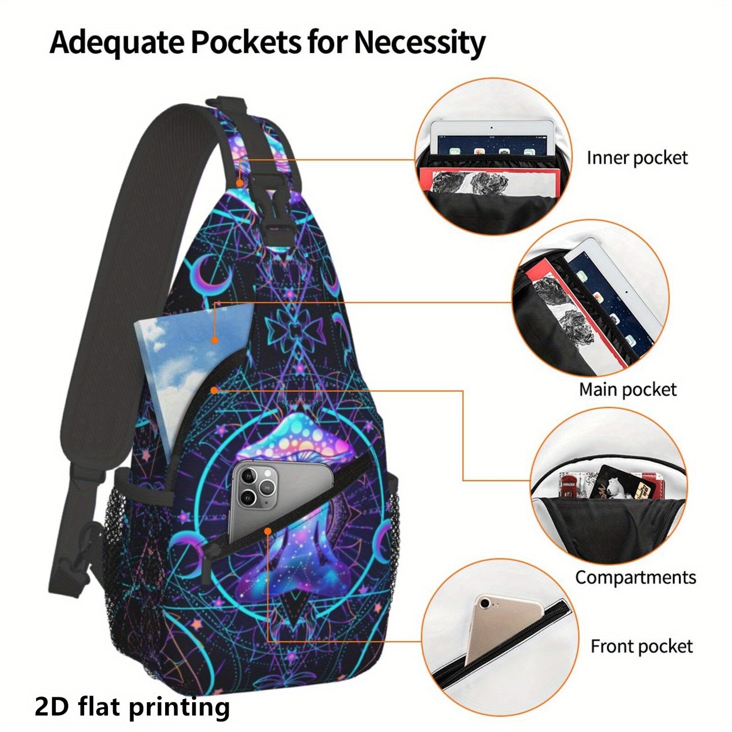 1pc Neon Mushroom Print Crossbody Chest Pack - Psychedelic 2D Flat Printing, Durable Polyester with Zipper Closure & Adjustable Strap for Outdoor Hiking, Cycling, Travel - Women's Fashionable Lightweight Daypack, Cycling Gear