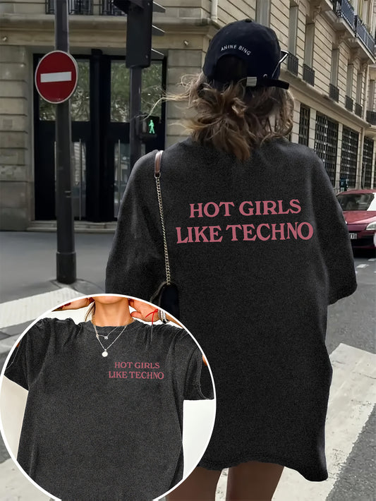 Women's TECHNO Graphic Tee - Lightweight Breathable T-Shirt with Front & Back Pink Slogan Print - Machine Washable Clubbing Shirt for DJs, raves, techno Parties - All-Season Casual Top, Rave Outfit, Bold Statement Design, Com
