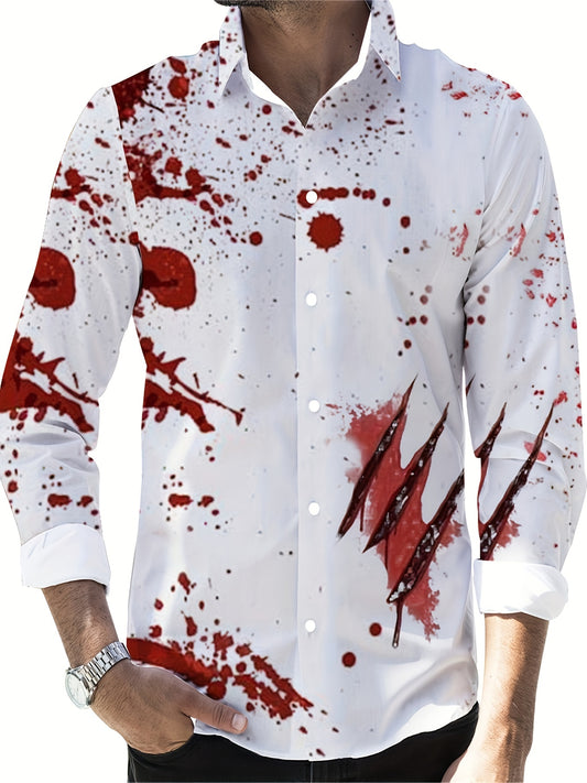 Scary Blood & Handprint Pattern Men's Long Sleeve Lapel Shirt, Men's Halloween Style Clothing For Spring Fall