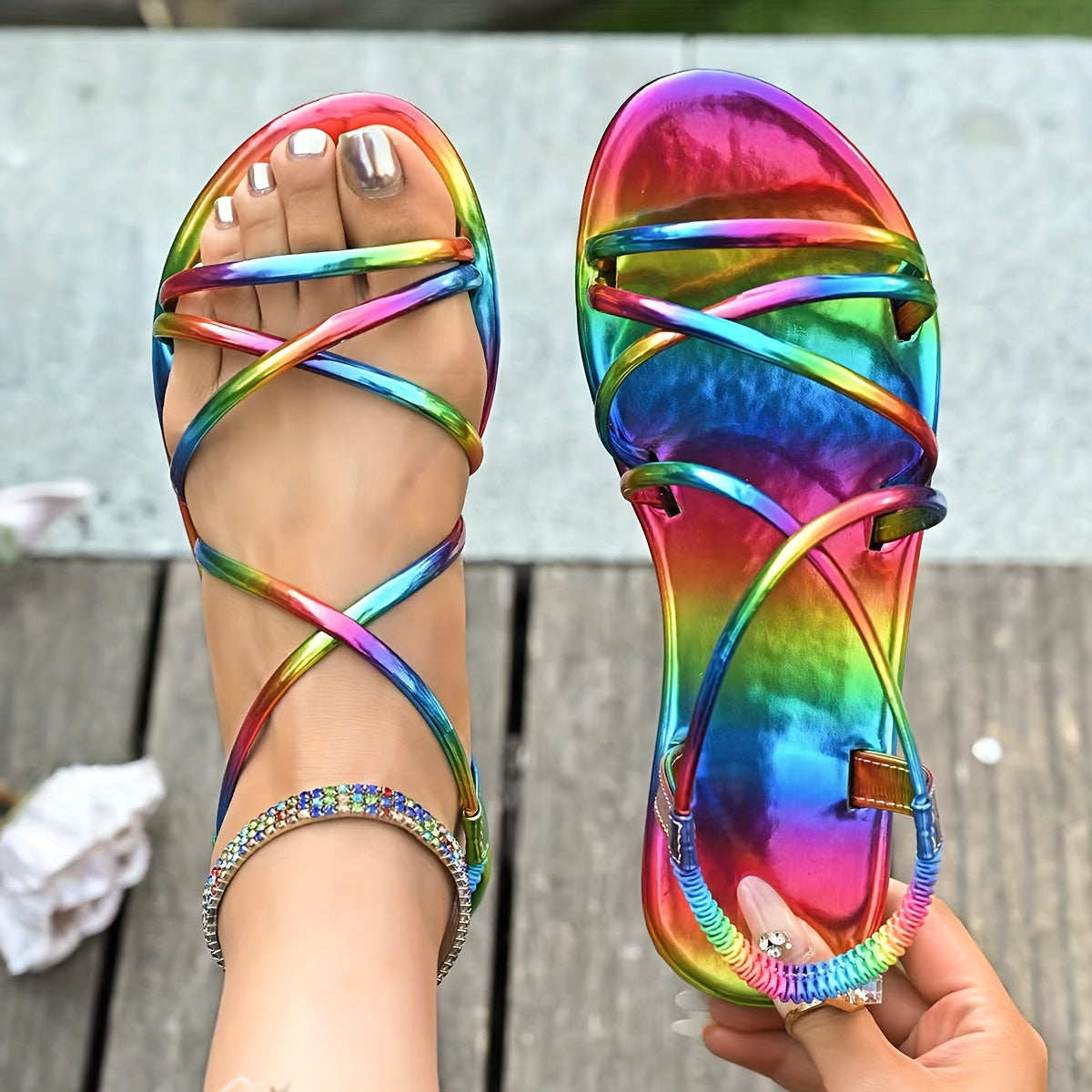 Women'S Rainbow Color Flat Sandals - Stylish Slip-On Open-Toe Summer Shoes with Synthetic Cover & TPR Sole, Vibrant All-Season Comfort for Casual Wear, Strappy Sandals