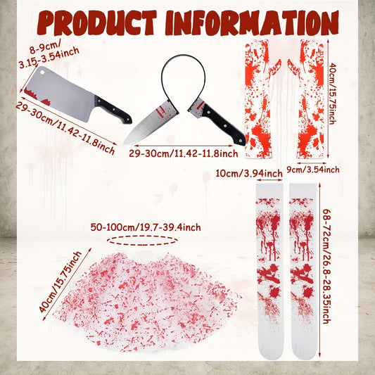 5pcs Halloween Bloody Costume Accessories Set for Women - Includes Gloves, Socks, Knife Headband, Tutu Skirt & Fake Knife - Perfect for Party Cosplay, Halloween Costume Accessories|Spooky Aesthetic|Polyester Fiber, Halloween
