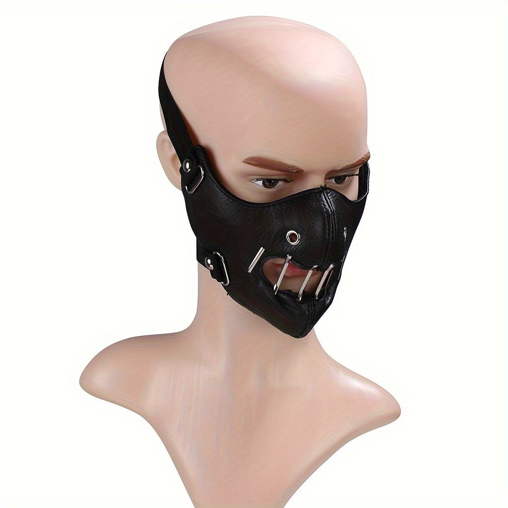 1pc Faux Leather Safety Pin Mask, Unisex Hollow-Out Novelty Face Covering for Halloween Party Costume, Funky Men's Fashion Accessory