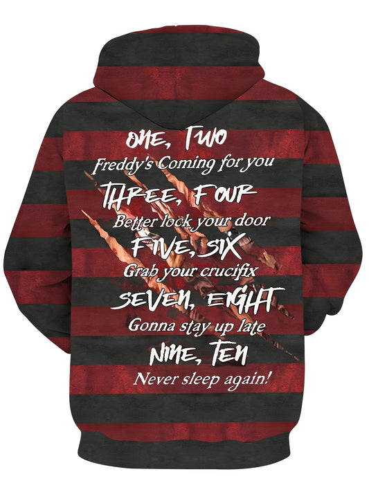 Men'S Plus Size Horror-Themed Hoodie with Freddy Krueger Print - Black & Red Striped Pullover with Kangaroo Pocket, Casual Streetwear for Halloween, Halloween Costume, Halloween Apparel, Halloween Decorations