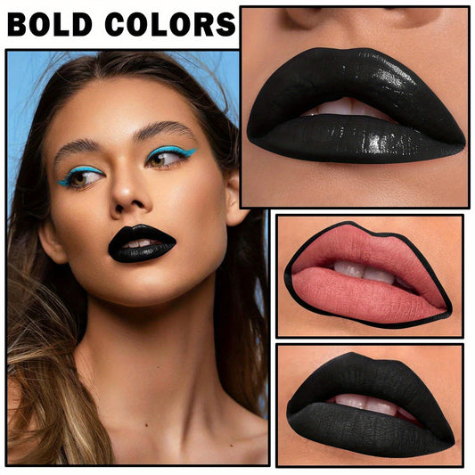 3pcs Black Lip Liner And Lipstick Set Liquid Matte Lipstick Velvet Charming Long-Lasting Waterproof Lip Gloss Makeup Kit for Halloween Goth Face Body Paint Cosplay Party Accessories Dress Up