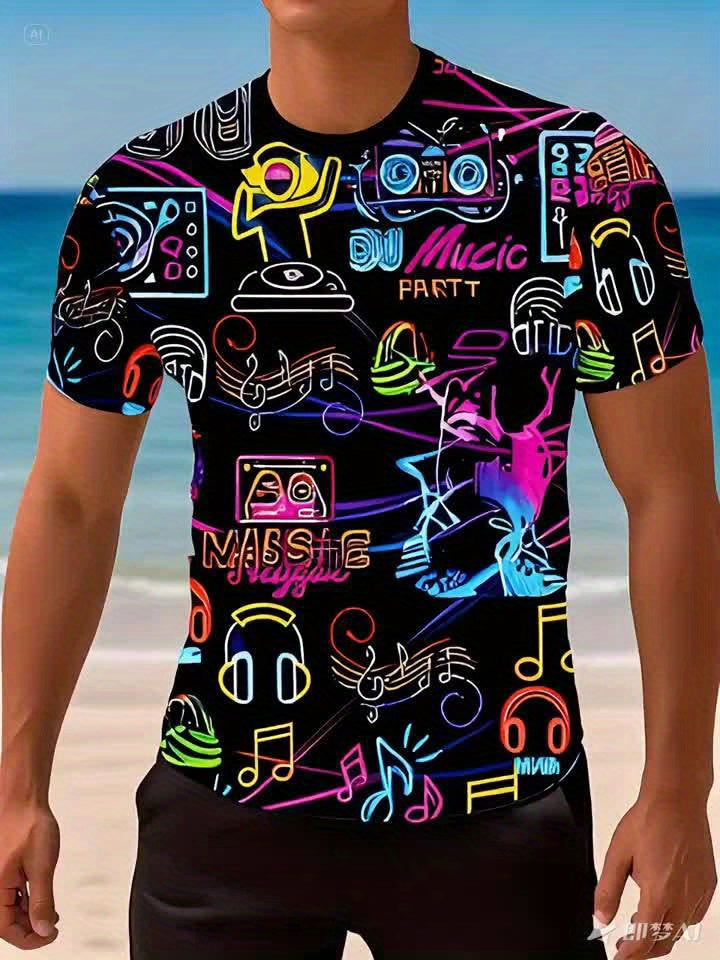 Men'S Retro Party Night T-Shirt - Vibrant Neon Music & DJ Design, Polyester, Short Sleeve Crew Neck - Machine Washable, All-Season Casual Tee with "PARTY NIGHT" Print, Ideal for Parties & Casual Attire, Summer Tee|Discothemed