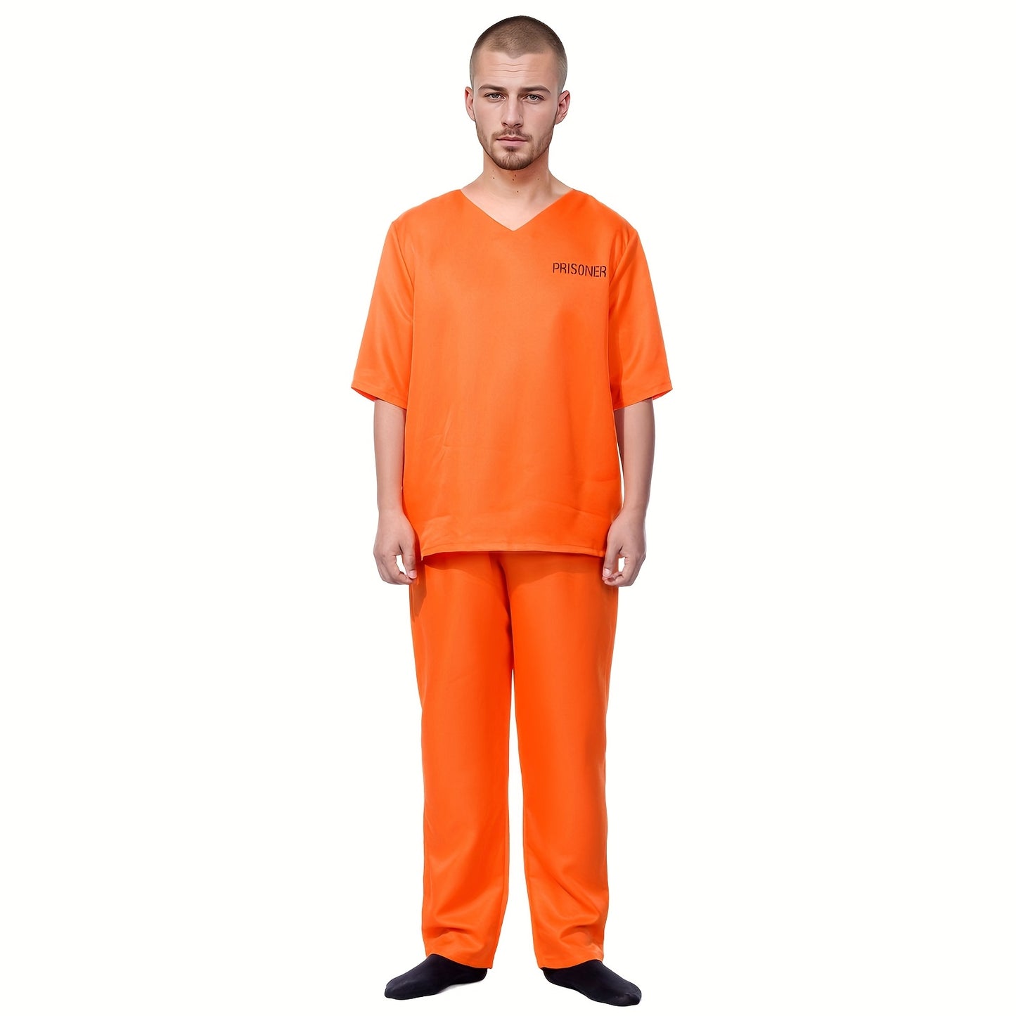 2pcs Men's Halloween prison outfit, orange prisoner top with orange trousers, Halloween costume for cosplay, autumn Men's clothing, Prison Roleplay, Themed Party Wear, Scary Costume, Stylish Cosplay, Quality Stitching, Breath