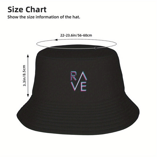 1pc Rave Print Bucket Hat - Double-Sided Wearable Sun Hat for Men & Women, Black with Colorful "Rave" Design, Lightweight Polyester, Perfect for Basketball, Camping & Casual Outings, Casual Headwear | Vibrant Print Hat | Dura