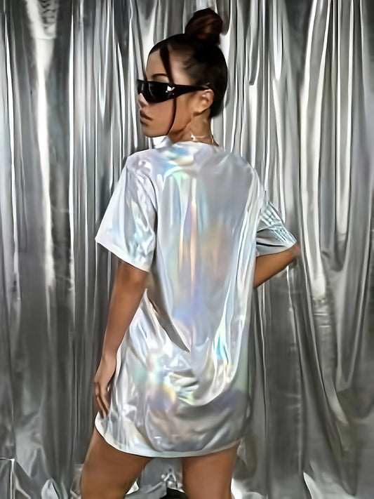 Women'S Sparkly Loose T-Shirt - Shiny Metallic Finish, Short Sleeve, Round Neck, Lightweight Polyester, Perfect for Casual or Party Wear, Versatile Clothing | Metallic Sheen Finish | Knitted Design