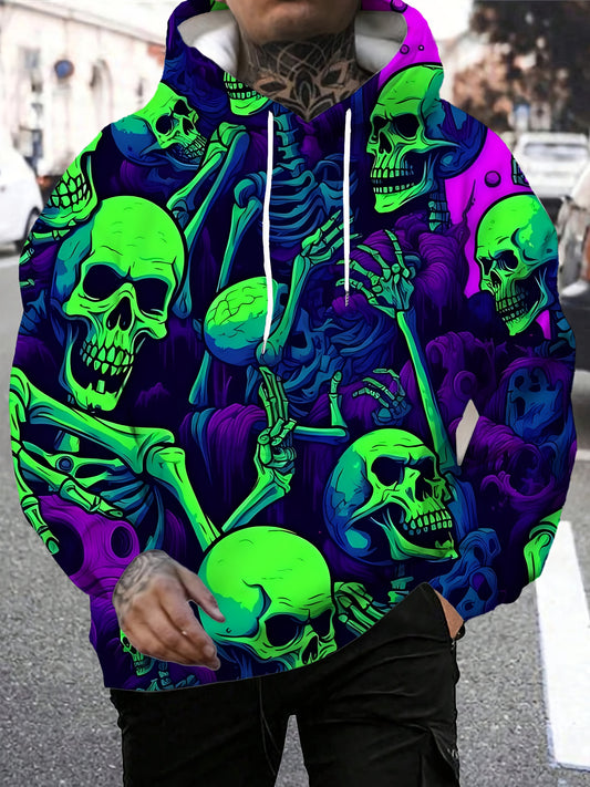 Men's Gothic Y2K Hoodie - Dark Purple & Neon Green Skull Graphic Pullover - Stretch Knit Sweatshirt with Drawstring Hood - Streetwear Gym Casual Outfit for Everyday & Halloween - Machine Washable Men's Clothing, Comfortable F