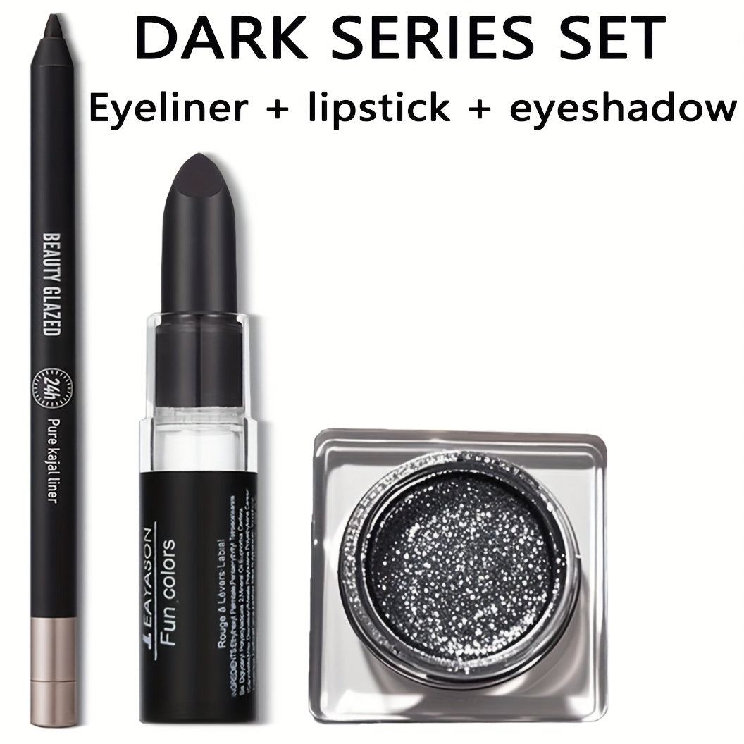 3pcs/SET makeup set: lipstick + eyeliner + eyeshadow, black series, matte waterproof lipstick, black waterproof eyeliner, shiny liquid pearlescent eyeshadow, match to create a black punk makeup, perfect for Halloween