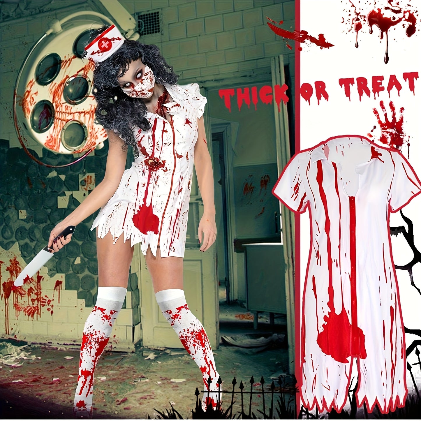 6pcs Halloween Nurse Costume Set for Women - Vintage Style, Polyester Fiber, Includes Dress, Hat, Blood-Dripping Necklace, Fake Knife, and Stockings with Red Accents, Perfect for Adult Cosplay