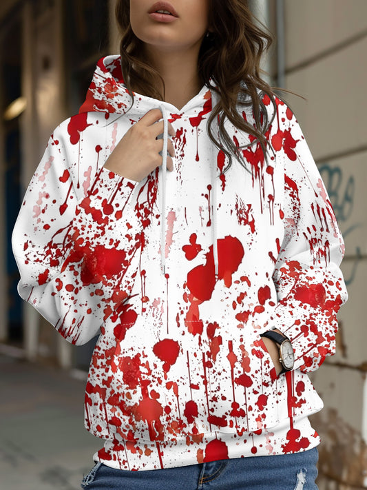 Women'S Halloween Hoodie - Full-Body Blood Splatter Print Pullover Sweatshirt, Red & White Horror Party Outfit, Machine Washable Hooded Sweatshirt for Costume Events & Everyday Gothic Fashion, Halloween Clothes, Casual Wear,