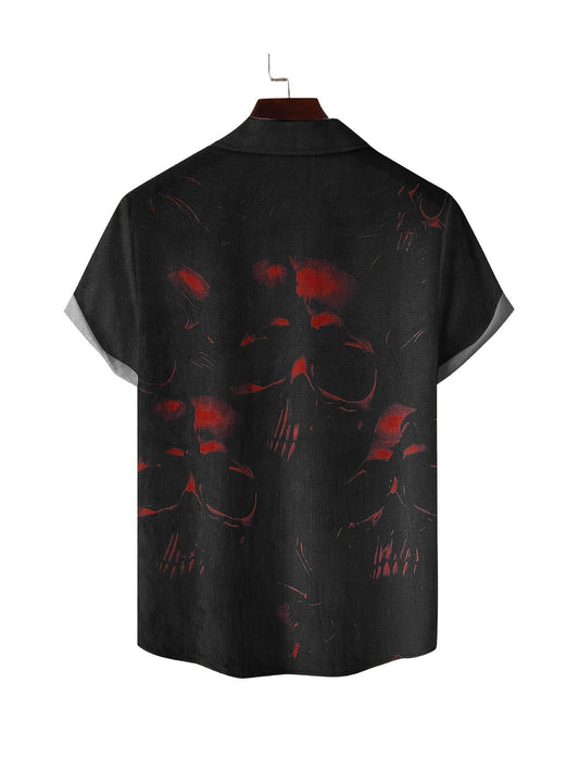 Men's Halloween Skull Print Short Sleeve Shirt - Black with Red & Orange Graphic, 100% Polyester Lightweight 140gsm, Regular Fit Button-Up Collar Top for Parties, Casual Wear & Outdoor Events