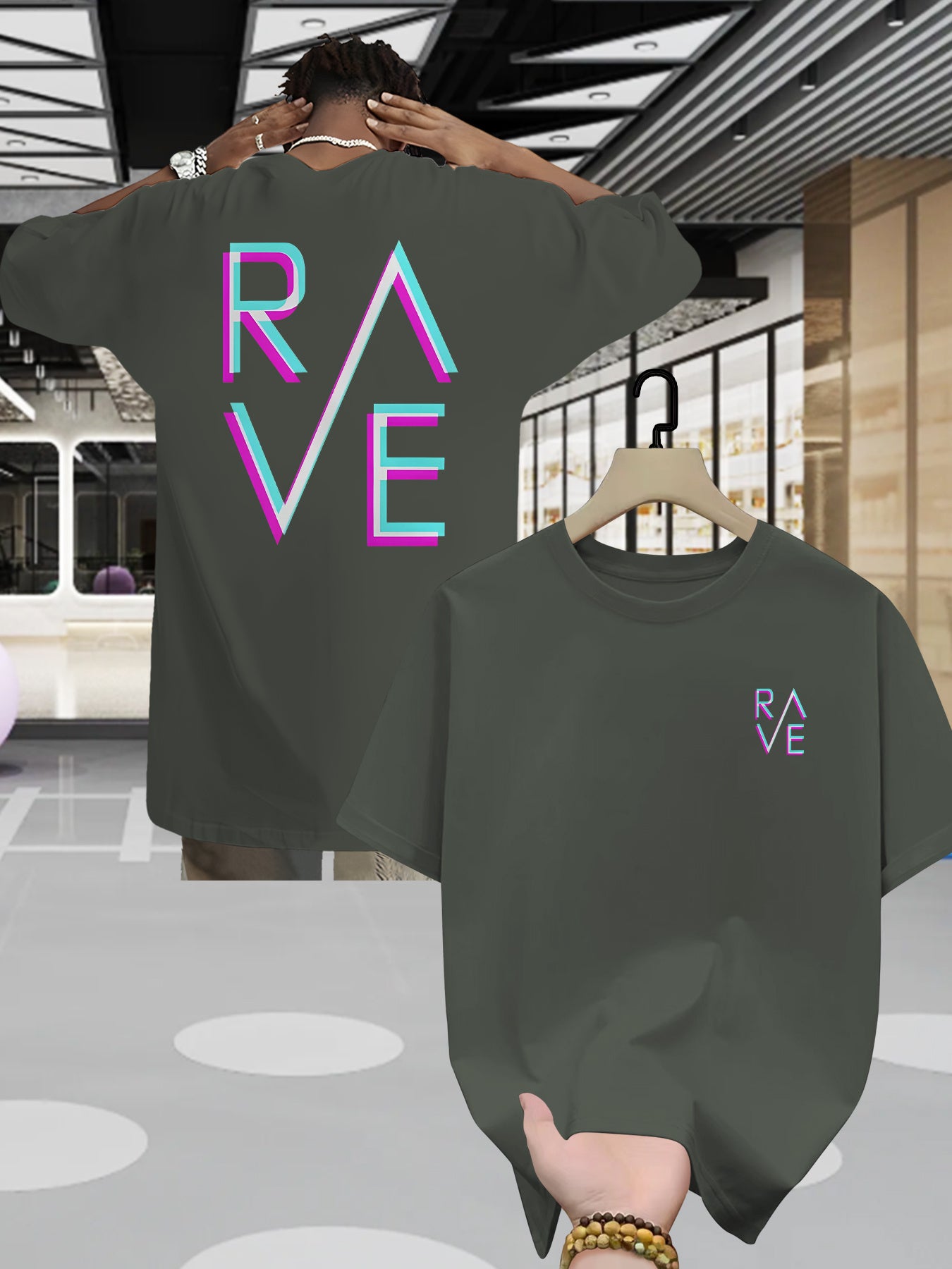 Men'S Summer Casual RAVE Graphic T-Shirt - Black with Pink & White Neon Print, Short Sleeve, Round Neck, Lightweight Polyester Blend, Perfect for Casual Attire, Everyday Tshirt | Round Neck Shirt | Comfortable Fit