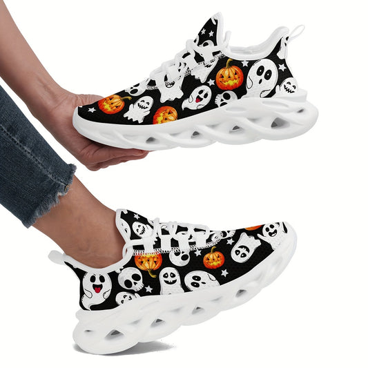 Ghosts and Pumpkins Ladies Outdoor Blade Bottom Breathable Mesh Face Shock Absorption Comfortable Wear Resistant Bounce Low Top Sports Shoes, Suitable for Halloween Shoes