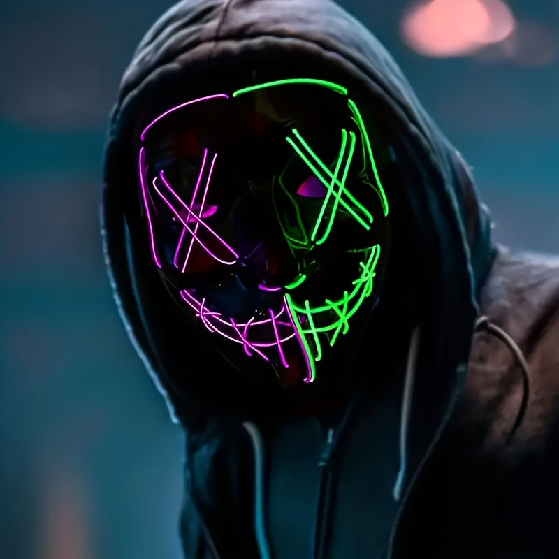 Halloween EL Two-Color Glow Mask LED Full Face Mask for Men And Women, Party Props, V Grimace Horror Graffiti Holiday Party Supplies, Batteries Not Included