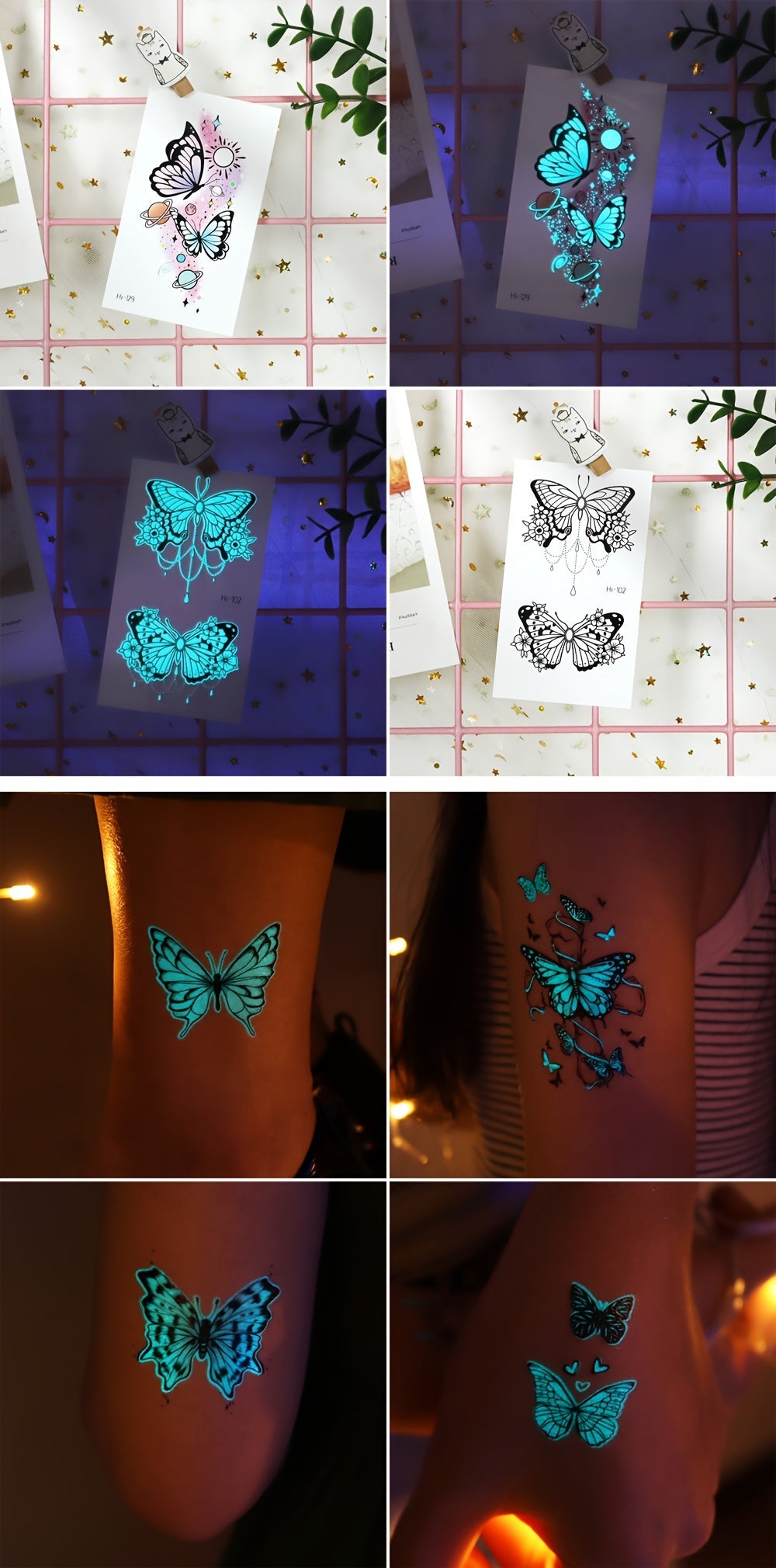 12 Sheets Luminous Glow in the Dark Temporary Tattoos - Waterproof Fake Tattoo Stickers with Butterfly & Floral Designs, Neon Blue Glow for Nightclub, Festival, Party Decoration, Festival Body Art | Mystical Design Elements |