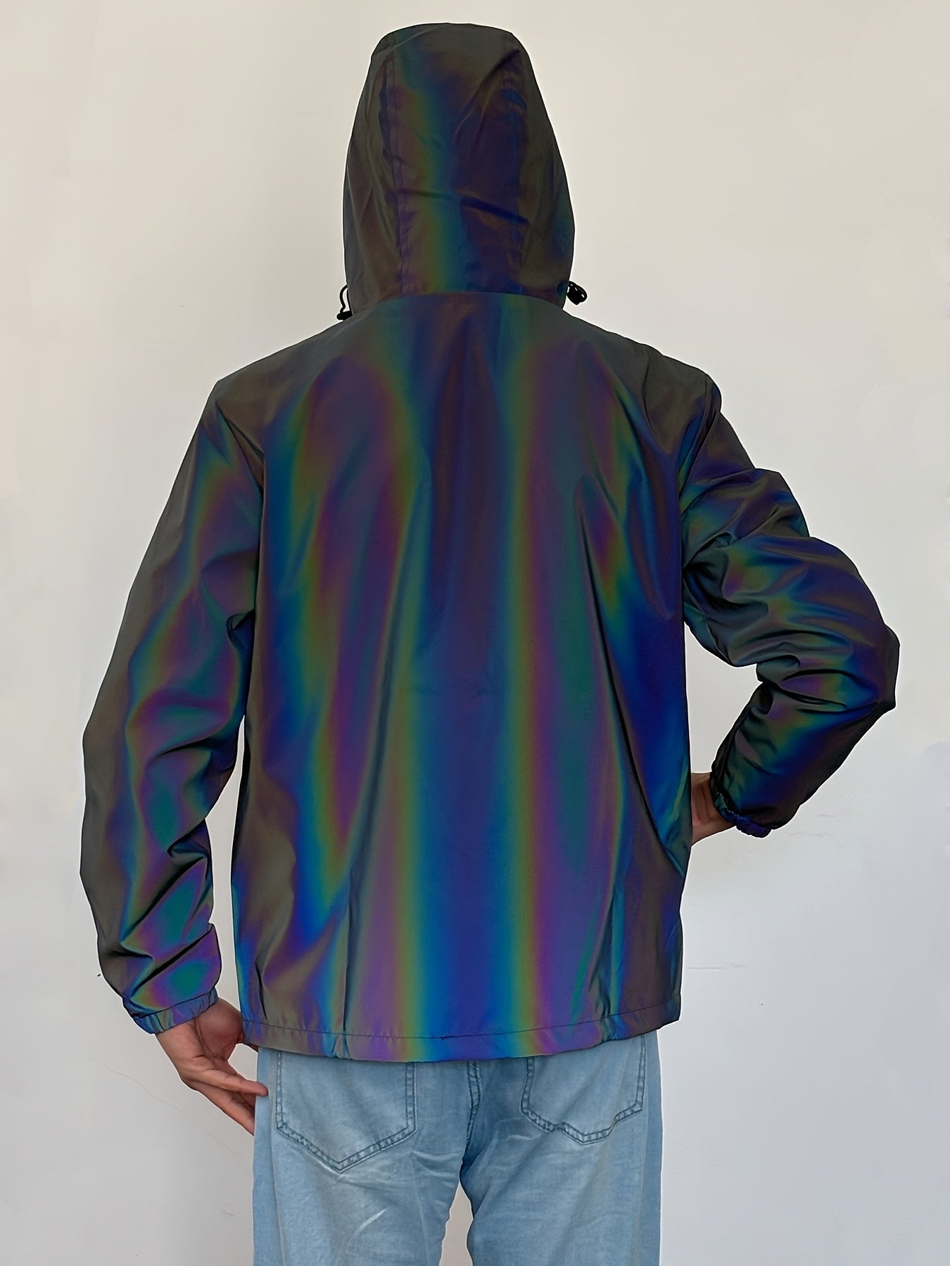 Men'S Reflective Rainbow Hooded Jacket - Stylish Casual Streetwear with Zipper Front, Long Sleeves, and Pockets for Spring & Fall, Spring Jacket | Iridescent Finish | Glossy Finish, Reflective Jacket